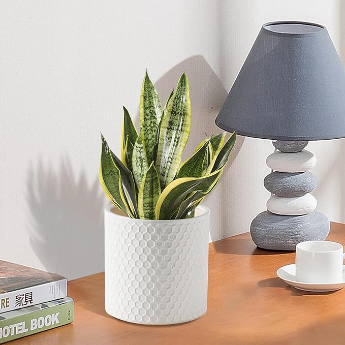 Docrin Ceramic Planters Indoor: 8 Inch Plant Pot with Drainage Holes for Home/Office - White Honeycomb