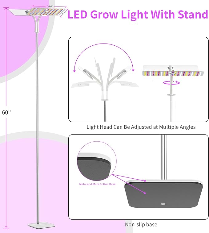 Grow Lights with Base, Double Head, Full Spectrum LED Grow Light for Indoor Plants, 240 Leds, 4 Dimmable Levels, Timer 4/8/12h, 12-60inches Height Adjustable, 36w, Ideal for Desk Small Plants