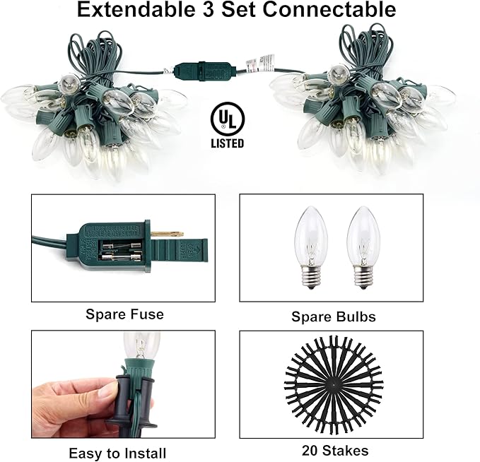 Outdoor Warm Christmas Pathway Lights, 24.2ft 20 Lights with Stakes, Outside Walkway Marker, C9 Christmas Decor, Driveway Decorations, Waterproof, Hanging or Plugging