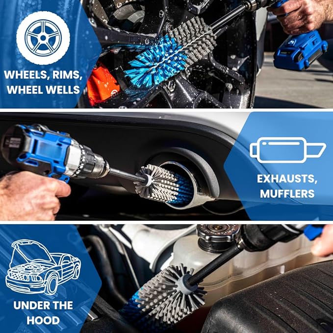 Long Reach Drill Brush Attachment, All Purpose for Car Tires, Wheels, Wheel Wells, Engine Bays, Exhaust Pipes, Running Boards, Hard to Reach Areas, with Heavy Duty Non-Scratch Nylon Bristles