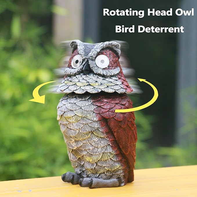 Garden Owl Statue - Resin Owl Figurines with Solar Powered Light Eyes and Spring Head Outdoor Owl Decorations for Patio Yard Porch Lawn, Ornament Gift