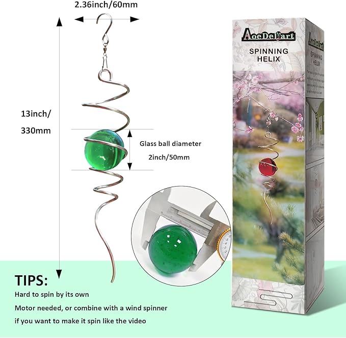 Wind Spinner Tail Gazing Ball Spiral Decorative Wind Spinner Sun Catcher 11inch Tail and 2 inch Glass Orb. Indoor Outdoor Garden Decoration Wind Sculptures-13 inch Height (Green)