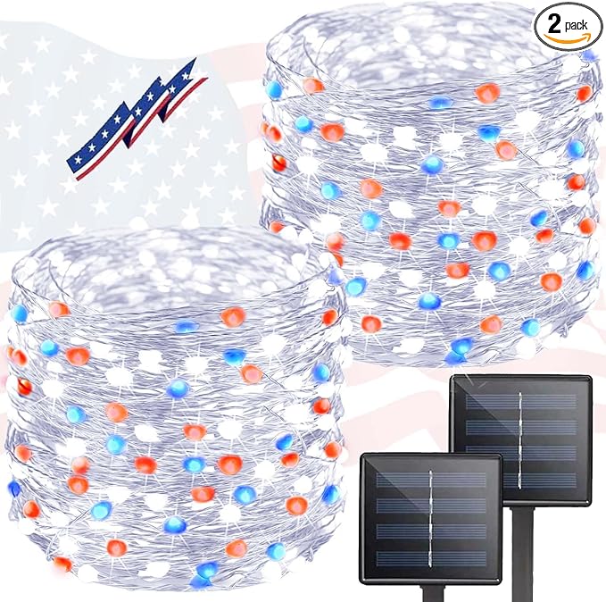 Red White and Blue Solar String Lights Outdoor, 2 Pack 80FT 200 LED Solar Outdoor Twinkle Light for 4th of July Independence Day Decor, Waterproof with 8 Modes, Garden Yard, Patriotic Memorial Decor