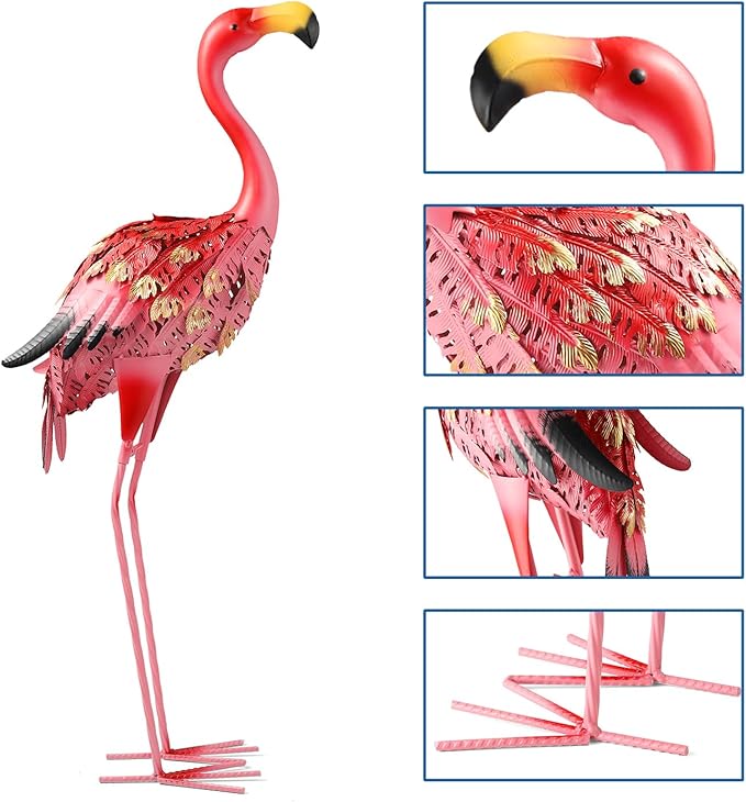 Garden Statues Flamingo Sculptures Metal Yard Art, Pink Bird Art Outdoor Backyard Decor Patio Lawn Porch Ornament Flamingo Yard Decoration (Red with Gold)