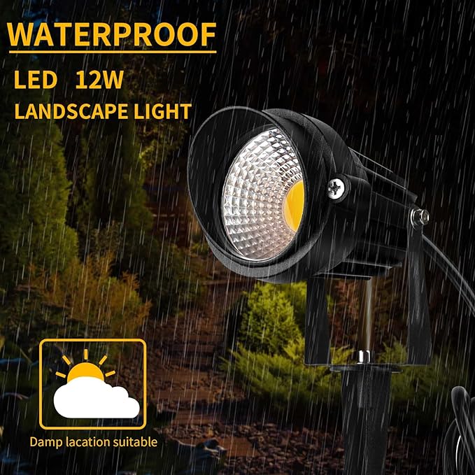 Outdoor LED Warm White Spot Lights, 3000K Landscape SpotLights, 12W IP65 Waterproof Garden Lights, Metal Case COB Lighting with Spiked Stand for Lawn Decorative Lamp US 3- Plug (4 Pack)