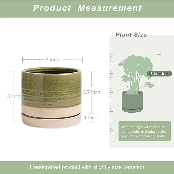 8 Inch Pots for Plants, Ceramic Planter Pot with Drainage Hole & Saucer, Indoor/Outdoor Cylinder Round Planter Pot, Green & Beige