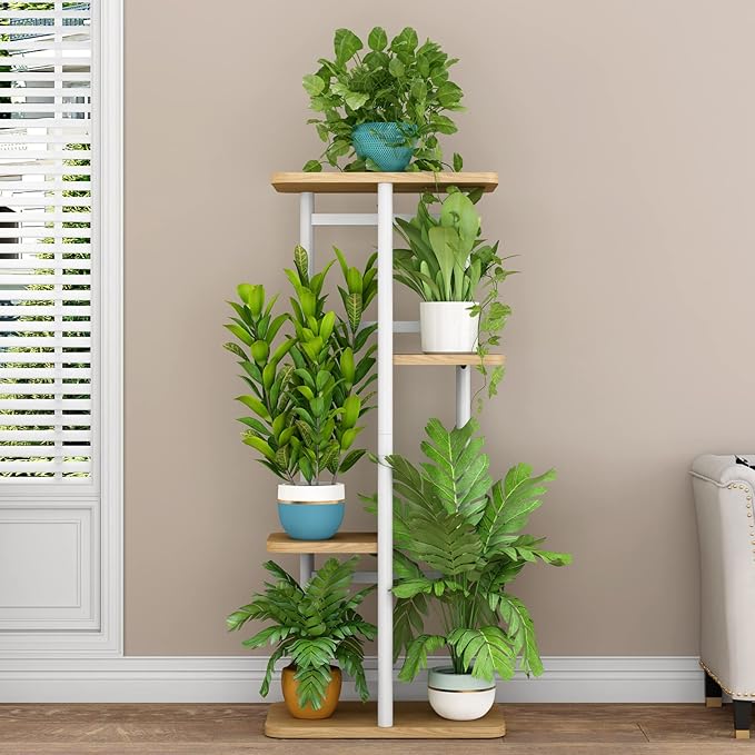 LINZINAR Plant Stand 4 Tier 5 Potted Indoor Plant Shelf Multiple Stands for Garden Corner Balcony Living Room (4 Tier 5 Potted, White)