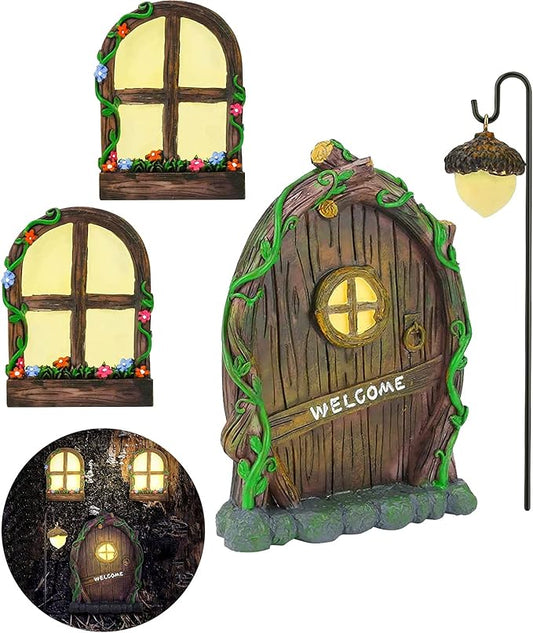 Resin Fairy Door & Window Set with Glow in The Dark Windows, Miniature Sculpture for Trees, Outdoor Decor Accessories