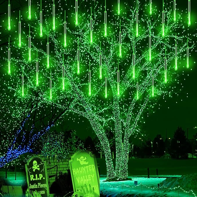 Green Christmas Lights Outdoor, 16 Inch Meteor Shower Lights for Halloween St Patricks Day Decorations, Green Icicle Lights for Outside Tree Holiday Porch Roof Yard Garden Decor