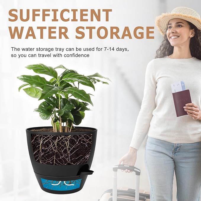 Plant Pots 10/9/8/7.5/7 Inch Self Watering Pots, Set of 5 Plastic Planters with Drainage Holes and Saucers,Plastic Flower Pots,Nursery Planting Pot for Indoor Out Door Plants(All Black)