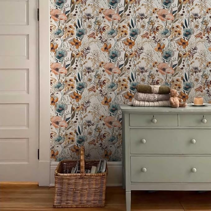 Boho Flowers Brown Leaf Plants Botanical Peel and Stick Wallpaper Self Adhesive Removable Easy Peel Off Stick on Wall Paper for Bedroom Cabinet Renter Friendly