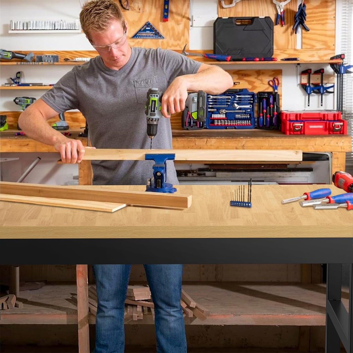 48" Adjustable Workbench,Heavy-Duty Work Table,3000 LBS Load Capacity Hardwood Workstation with Wheels,for Workshop, Garage