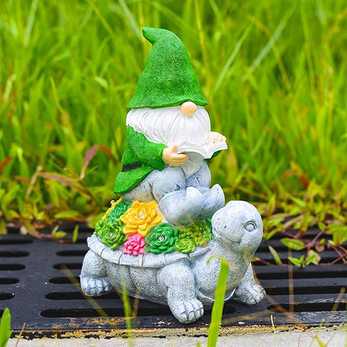 Solar Garden Outdoor Statues Turtle Gnome Outdoor Figurine Lights with Gnome Reading Book Garden Accessories Tortoise Statue Lawn Decor for Patio Balcony Yard Ornament Art Housewarming Gifts