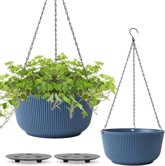 T4U 12 Inch Large Hanging Planters for Outdoor Plants, 2 Pack Self Watering Hanging Pots Indoor, Hanging Baskets for Plants,Hanging Flower Pot with Drainage Hole and Plant Hanger, Blue