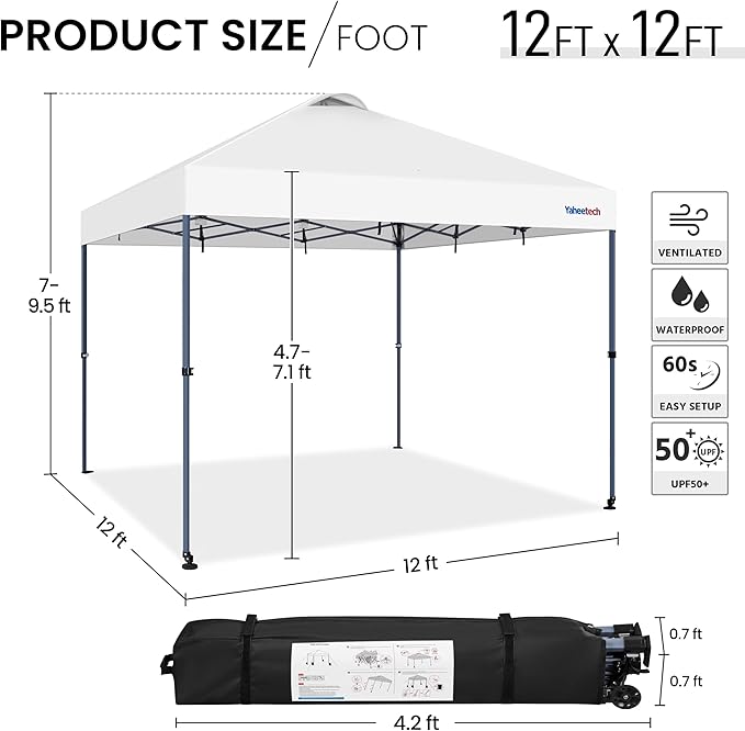 Yaheetech 12x12 Pop-up Canopy Tent w/ 2 Integrated Wheels for Mobility, Waterpoof & Heavy Duty, Instant Sun Shelter with Carry Bag, Weight Bags for Outdoor Camping Beach Patio Parties, White