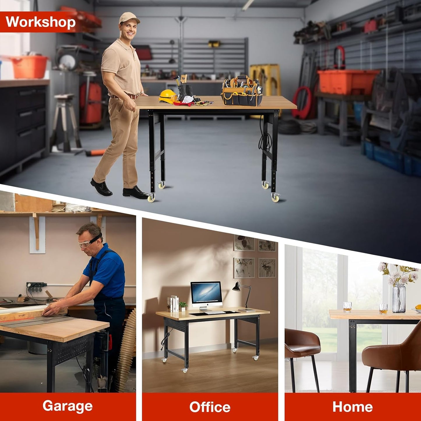 Height Adjustable Workbench with Wheels 60”×22” Heavy Duty Work Table 2000 LBS Capacity Rolling Work Table Rubber Wood Work Station with Power Outlet & Pegboard for Garage, Office, Workshop