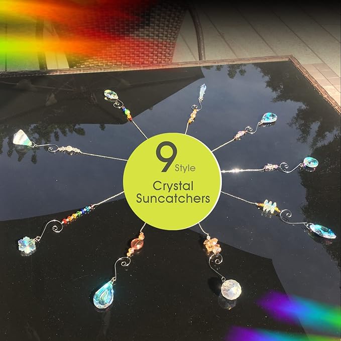 Crystal Suncatchers, RIFNY Hanging Crystals Ornament Sun Catcher with Chain, 9 Pack Glass Beads Ball Prisms Pendant Rainbow Maker for Window Home Office Garden Decoration