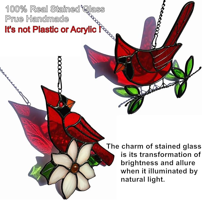 2 Packs Stained Glass Red Cardinal Memorial Gifts for Women, Stained Glass Window Hanging, Red Cardinal on Branch Ornament Suncatcher, Handmade Bird Decor Gift for Mom, Bird Lover