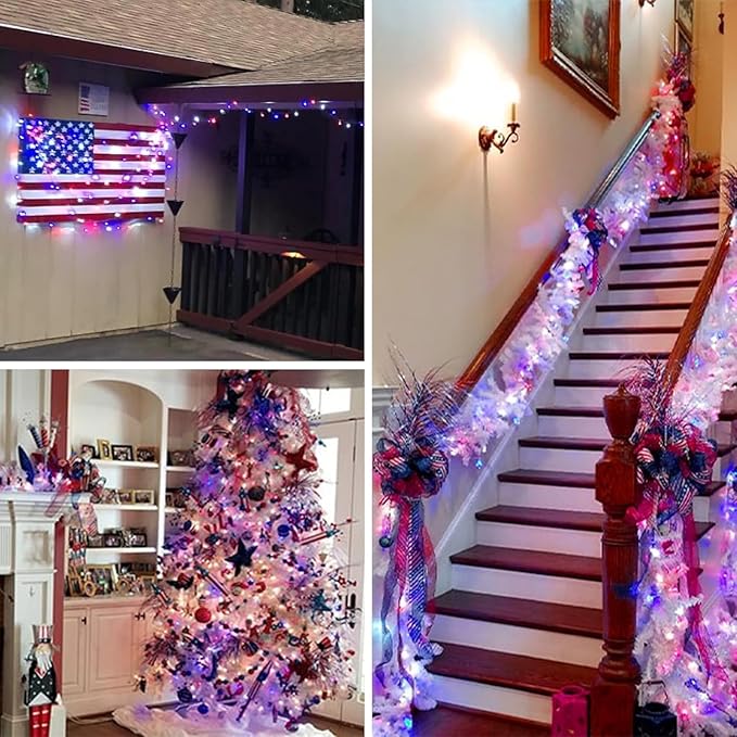 66Ft 200 LED Fairy Lights Plug in, July 4th Patriotic Waterproof String Lights with Timer for Indoor and Outdoor 8 Modes, Red White Blue American Flag Twinkle Lights for Independence Day, National Day