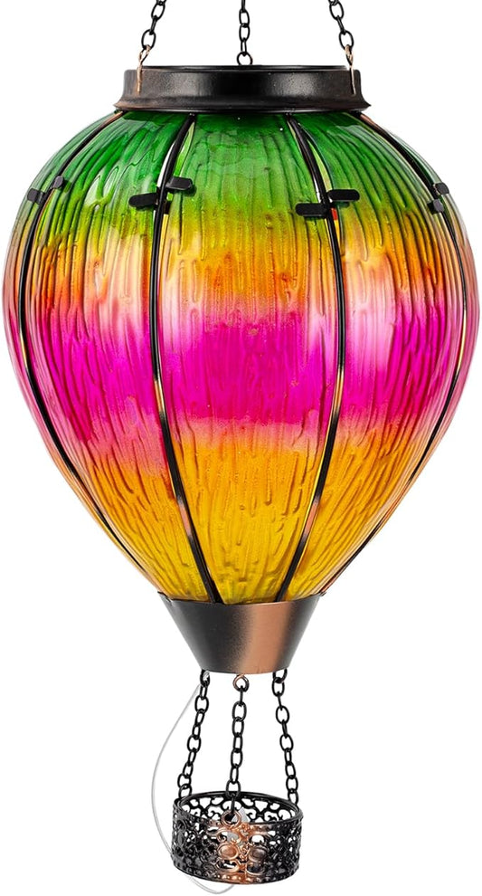 Large Solar Hot Air Balloon Lantern with Flame, Colorful Glass Hanging Balloon Lanterns Outdoor Waterproof Garden Decor for Yard Patio, Birthday Mother's Day Gifts for Women Mom