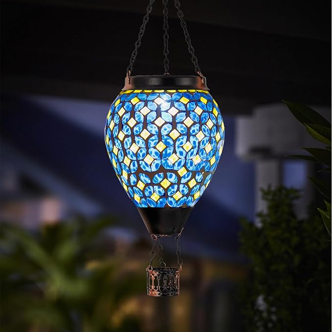 Mosaic Hot Air Balloon Solar Lantern with Flickering Flame, Blue Mosaic Hanging Solar Lantern Lights Outdoor Waterproof for Garden Patio Gifts for Women Mom Grandma