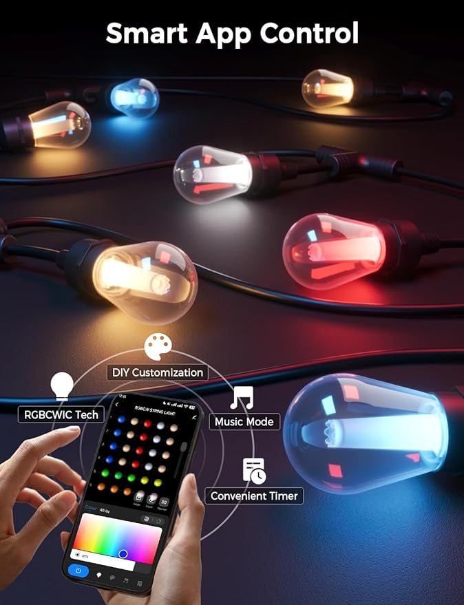 XMCOSY+ Smart Outdoor String Lights, 98Ft Patio Lights Waterproof, App Control, Compatible with Alexa, RGBCWIC Color Changing LED String Light for Outside