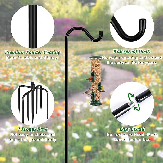 FEED GARDEN Adjustable Shepherd Hook Bird Feeder Pole with 7 Prongs Base, 108 Inch Tall 5/8 Inch Thick, Heavy Duty Outdoor Garden Poles for Hanging Bird Feeders, Plant Baskets, Black (1 Pack)