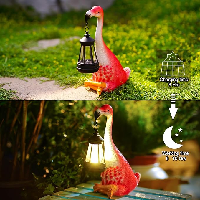 Goodeco Flamingo Statue with Solar Lantern - Artistic Pink Flamingo Decor for Outdoor Garden & Home, Flamingo Gifts for Women - Flamingo Lamp with Solar Lights Outdoor