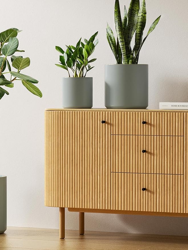 LE TAUCI Ceramic Plant Pots Indoor, 10+8+6 Inch Planters for Indoor Plants, Mid-Century Modern Flower Pots with Drainage Hole and Plug, Cylinder Round Planters, Set of 3, Blue Gray