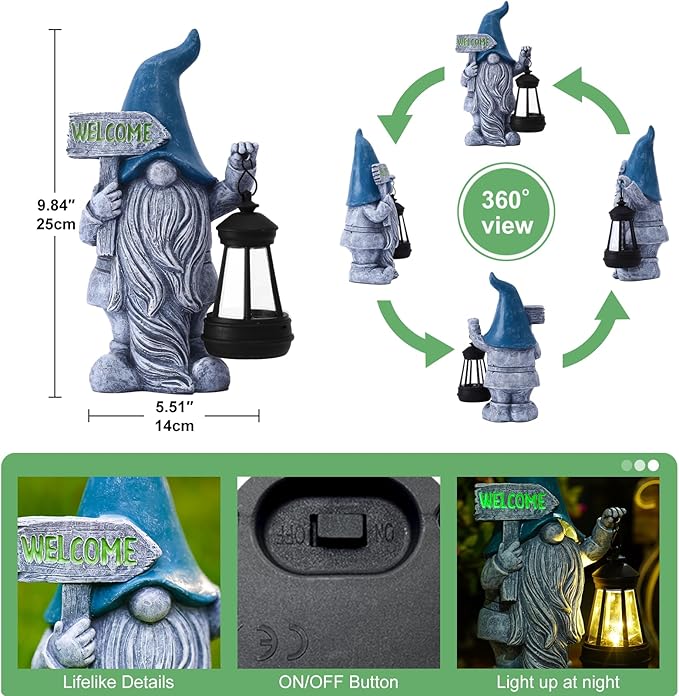 Welcome Gnomes with Solar Lantern - Garden Gnomes with Solar Lights, for Mom or Women, Housewarming Gnome Decorations