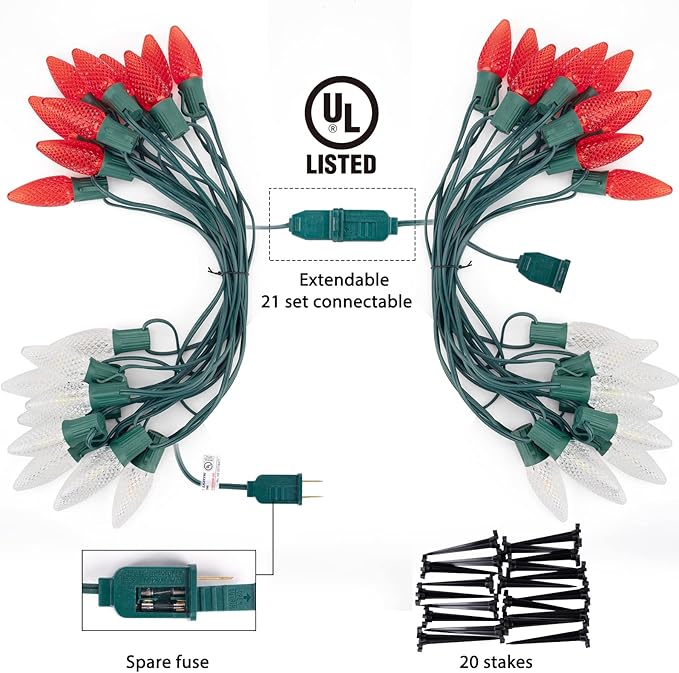C9 LED Christmas Lights Outdoor with Stakes, 25.7 Feet 20 LED C9 Strawberry String Lights, Connectable Shatterproof Pathway Lights Marker for Path, Lane, Patio, Xmas Holiday Decorations, Red and White