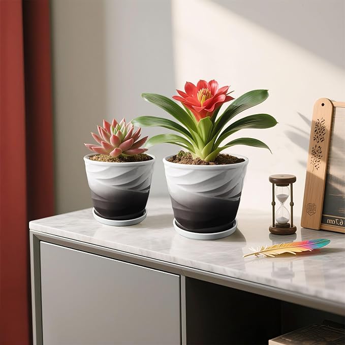 Ceramic Plant Pots,6.7 + 5.5 Inch,Set of 2,Planters with Drainage Hole and Saucer,Flower pots for Indoor Plants,Modern Design(Dark Gray+White)