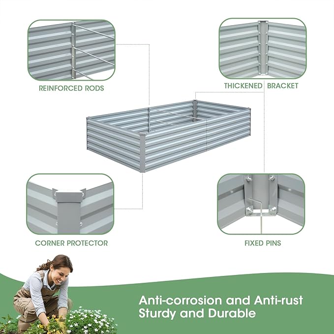 Raised Garden Bed 6x3x1.5FT - Galvanized Steel Planter for Outdoor Vegetables, Flowers, and Herbs - Tall Deep Root Box Kit with Gloves and 2 Compost Bags - Stylish Gray Design