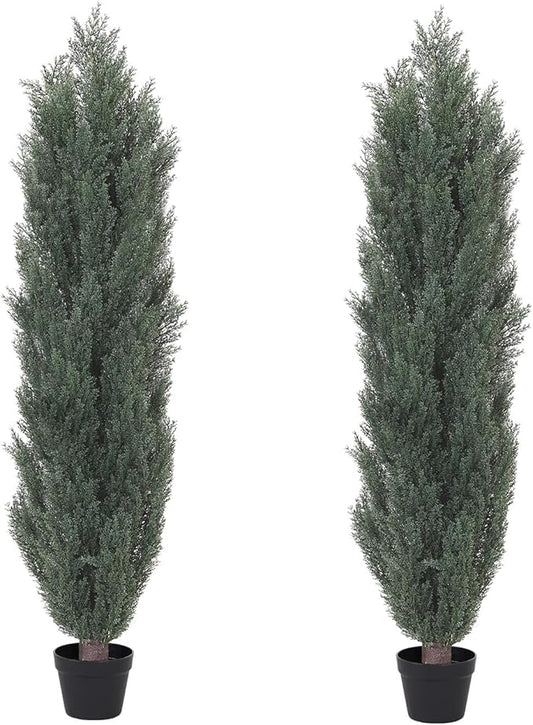 THE BLOOM TIMES 5ft Topiary Trees Artificial Outdoor – UV Resistant Faux Cedar Pine Cypress Bushes and Shrubs, Fake Potted Plants for Front Porch Outside Planter Patio Decor, Set of 2 (5 Foot)