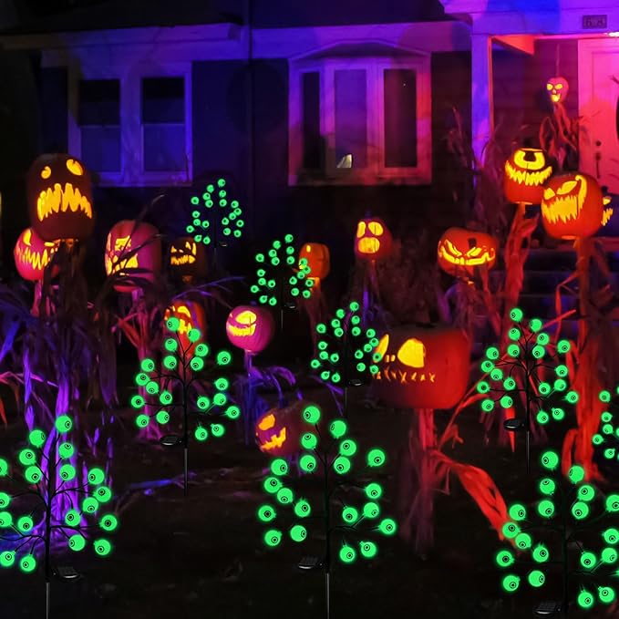 Solar Halloween Eyeball Pathway Lights Decorations, 3D Lighted Eyeball Stake Lights, 2 Pack 40 LED Halloween Lights, Outdoor Waterproof for Garden, Pathway and Yard Decoration