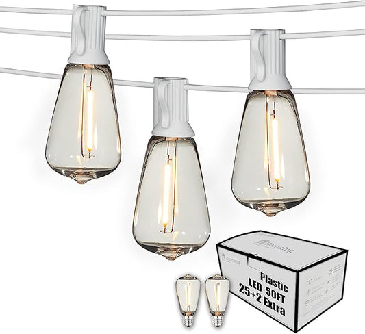 Outdoor String Lights 50FT Waterproof,LED Patio Lights Dimmable with 27 Bright Shatterproof Retro Bulbs,Vintage Edison String Hanging Lights for Outside Bistro,Backyard,Balcony,White Cable