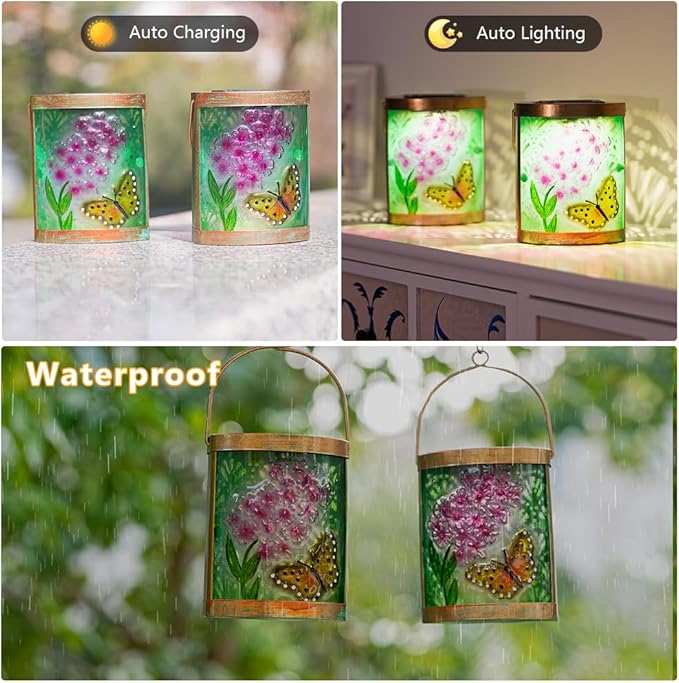 Starsoul 2 Pack Hanging Solar Lantern Outdoor Waterproof Glass Butterfly and Flowers Decorative Solar Lights for Outside Garden Yard Table Patio Decor