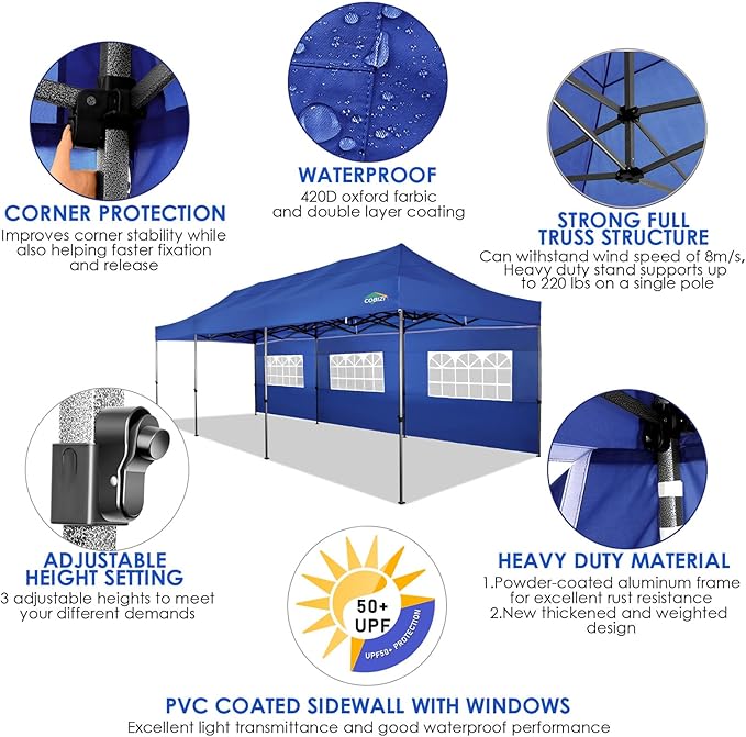 COBIZI 10x30 Pop up Canopy Tent 10x30 Canopy with Sidewalls, Heavy Duty Party Tent Tents for Parties, Foldable UPF 50+ Waterproof Commercial Easy up Canopy with Roller Bag, Navy Blue(Windproof)