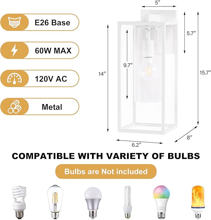 15.7 Inch Outdoor Wall Lights, Outdoor Wall Lantern with Circular Clear Glass Shade, Waterproof Exterior Lighting Fixtures, Modern Front Porch Lighting for House, Garage, E26 Base, ETL Listed, White