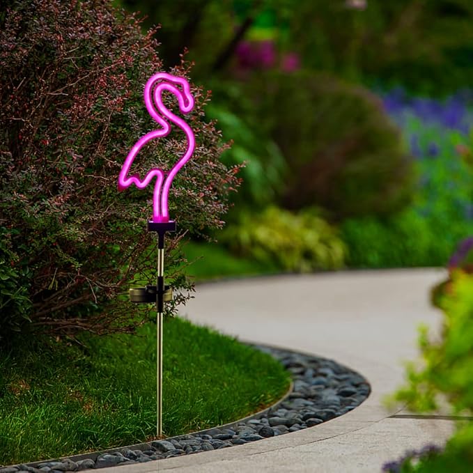Pink Flamingo Solar Garden Stake Lights, [Set of 2] Outdoor Solar Pathway Light for Lawn Patio Yard Walkway, Neon Pink Lighting (30" Height)