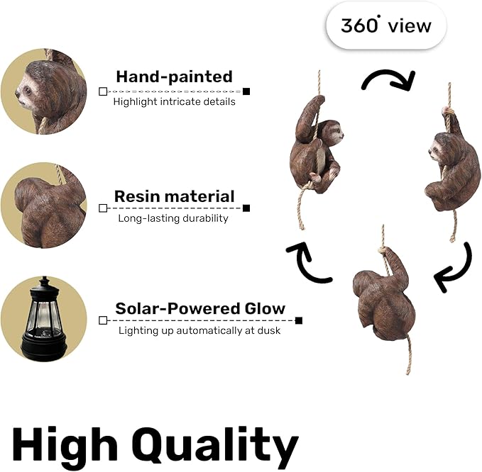 6x4 Inch Adorable Sloth Hanging Statue, Indoor/Outdoor Decorative Sculpture, Solar Lights Outdoor Waterproof, Garden Decorations Outdoor, Relaxed Sloth Ornament for Home, Patio, or Yard