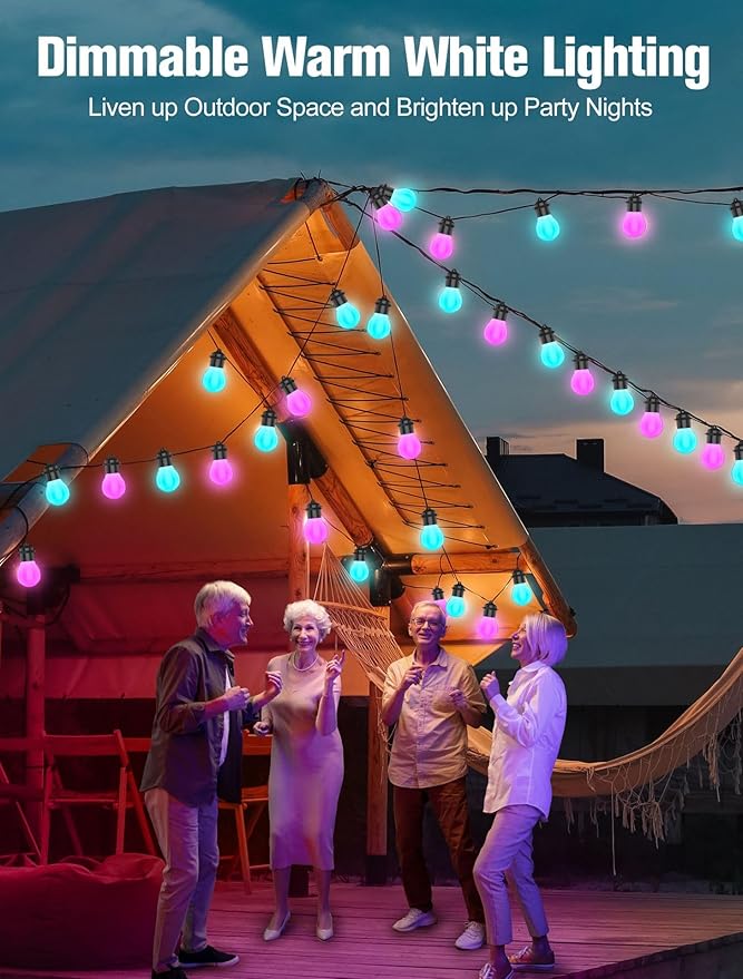 Smart Outdoor String Lights 20FT 20PCS G50 Led Bulb Outdoor APP& Remote Control Dimmable Music synic Timer speedness for Vacation Daily Camping Garden Yard Party Wedding Home Decoration