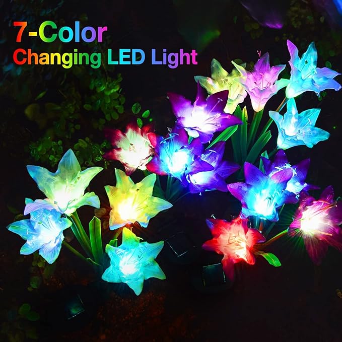 KOOPER Outdoor Solar Lights, 8 Pack Solar Garden Lights with Bigger Lily Flowers, Waterproof 7 Color Changing Outdoor Lights - Bigger Solar Panel for Outdoor Patio Yard Garden Decoration