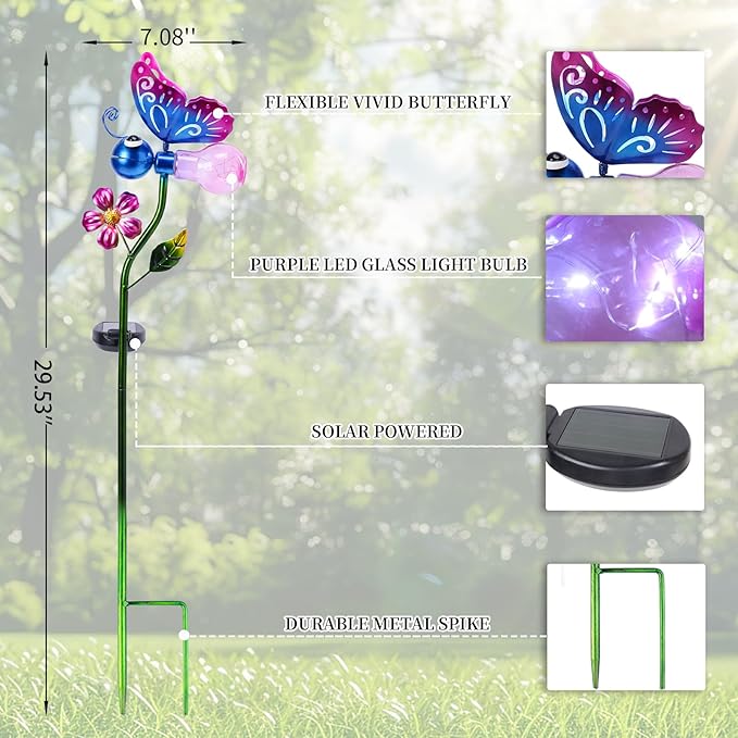 VCUTEKA Solar Garden Lights Metal Flower Decor Colorful Solar Pathway Light with LED Cracked Crystal Ball Outdoor Decorative Stake for Patio Yard Lawn Garden Decor (Purple)