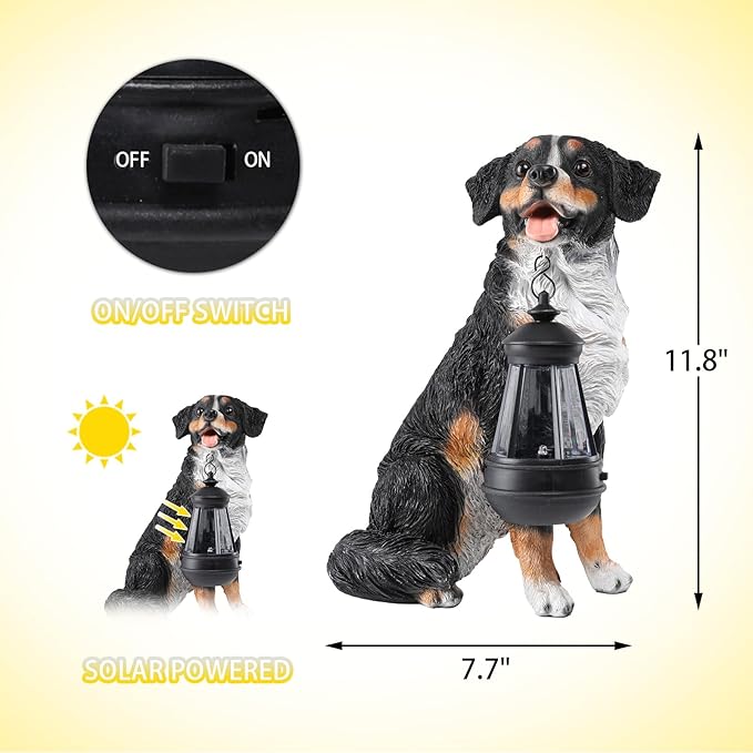 Afirst Dog Garden Statue - Outdoor Decor with Solar Lantern Lovely Bernese Mountain Dog Figurine Patio Lawn Yard Art Ornaments Housewarming Gift