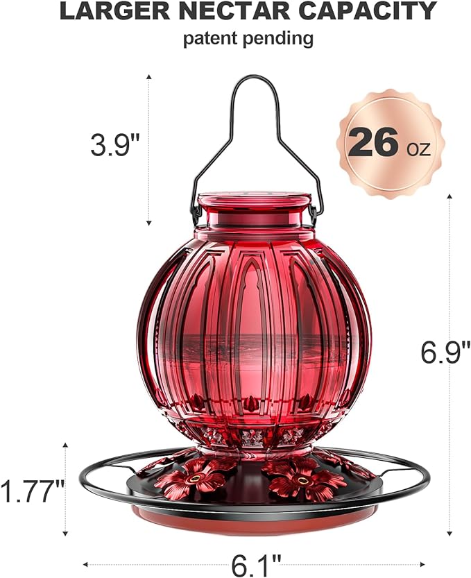Glass Hummingbird Feeder for Outdoors Hanging, 26Oz Bird Nectar Feeder with Perch & 5 Flower Feeding Ports, Leak Proof for Outside Garden Decor Backyard, Gifts for Women Mom, Red
