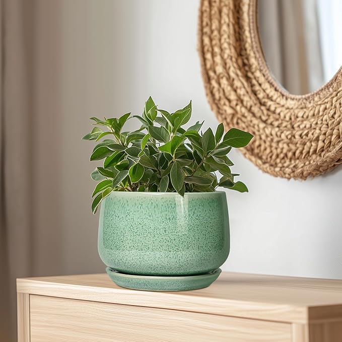 G EPGardening Ceramic Planter - 9 Inch Plant Pot with Drainage Hole and Saucer, Modern Round Planter, Flower Pot for Indoor Outdoor Plants, Garen House Room Decor, Housewarming Gifts, Green
