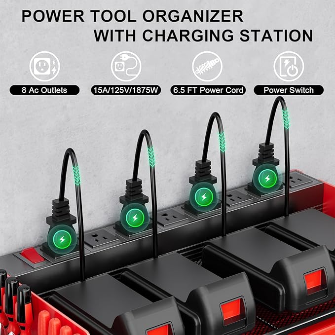 Power Tool Organizer with Charging Station, 6 Drill Holder Wall Mount, 3 Layer Garage Tool Organizer with Hooks, Screwdriver, Drill Bit Rack, Heavy Duty Utility Shelf for Garage, Gifts for Men