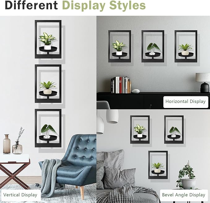 Picture Frame Plant Holder, Window Planter Hanger Shelves,Wall Mount Plants shelf Indoor Outdoor, Metal Hanging Planters Stand Decor,Modern Floating Ornament Rack Art for Home & Garden (Black 3pc)