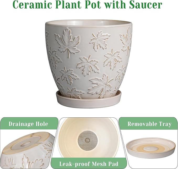 Pots for Plants 10 Inch - Ceramic Planter Large Plant Pot for Indoor Plants Outdoor Round Flower Pot with Drainage Hole and Saucer Home Garden Decor White